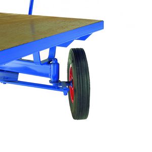 2000mmL x 1000mmW x 510mmH (platform height).  (Also available in 1500mmL x 800mmW). Braced and reinforcd all steel welded chassis. Polturethane coated flush ply deck. 400mm roller bearing wheels pneumatic and solid tyres available, pneumatic prices... Turntable trolleys & hand pulled trolleys with steering handle