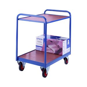 2 tray timber panel industrial tray trolley Multi-tiered trolleys | 2 tier trolley units | 3 tier trucks with shelves trays or baskets | tea trolleys | shelf trolley on wheels | shelf trolley 501TT36 Blue, Red